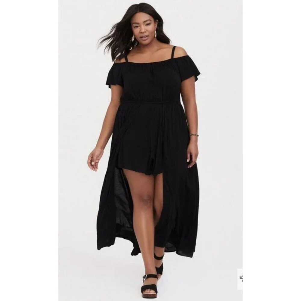 Torrid Challis Cold Shoulder Walk Through Romper Black Plus Size 1X  Womens